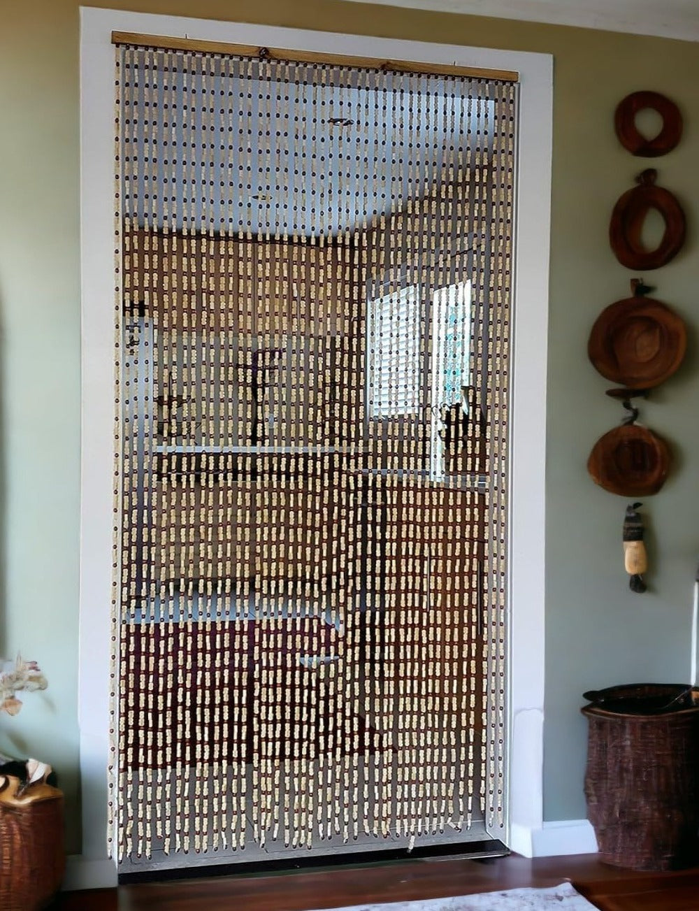 Wood and Bamboo Beaded Curtain 35.5" wide X 77" high - 45 Strands -Sunshine