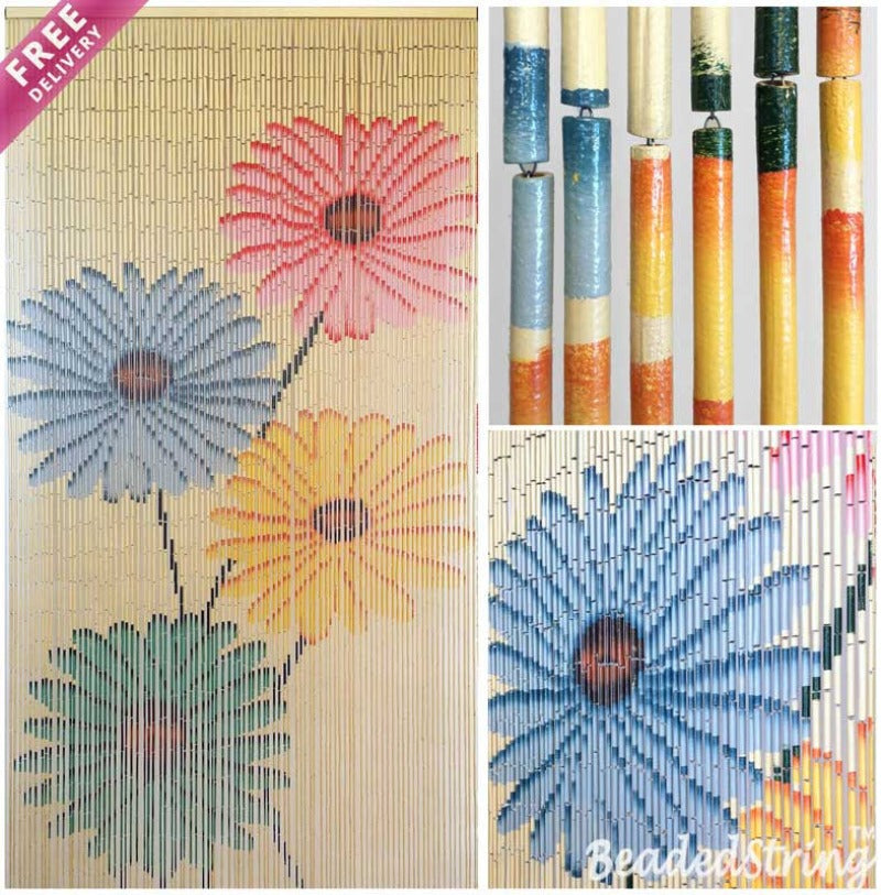 Bamboo Beaded Curtain 35.5" wide X 78" high-90 Strands-Flowers