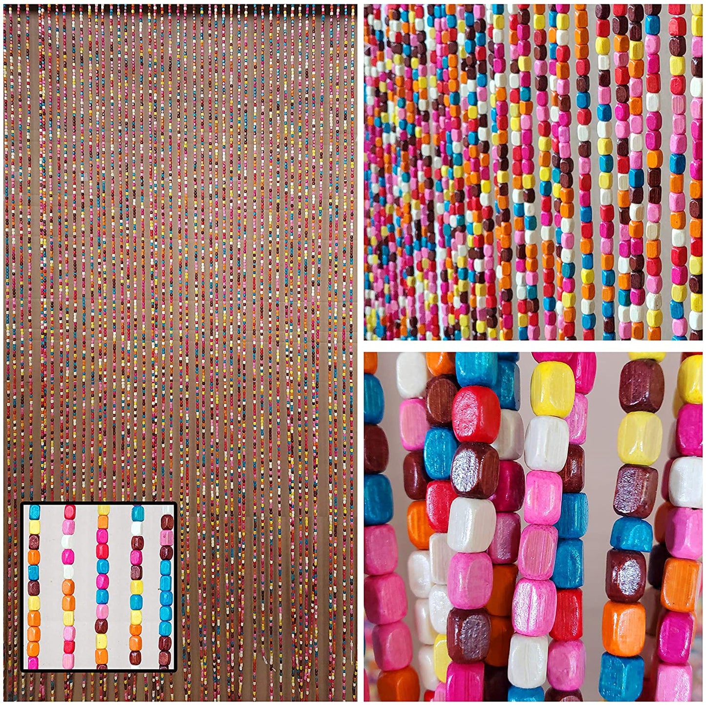 Wood Beaded Curtain 35.5" wide X 72" high - 52 Strands - Rainbow