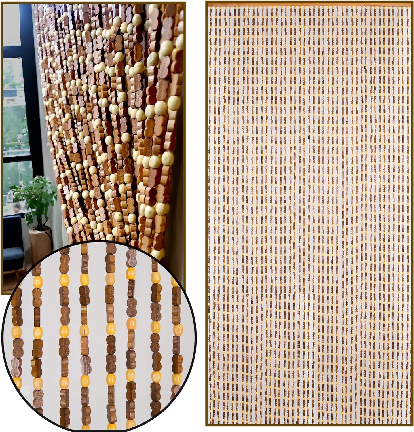 Wood and Bamboo Beaded Curtain 35.5" wide X 77" high - 45 Strands -SunshineBr