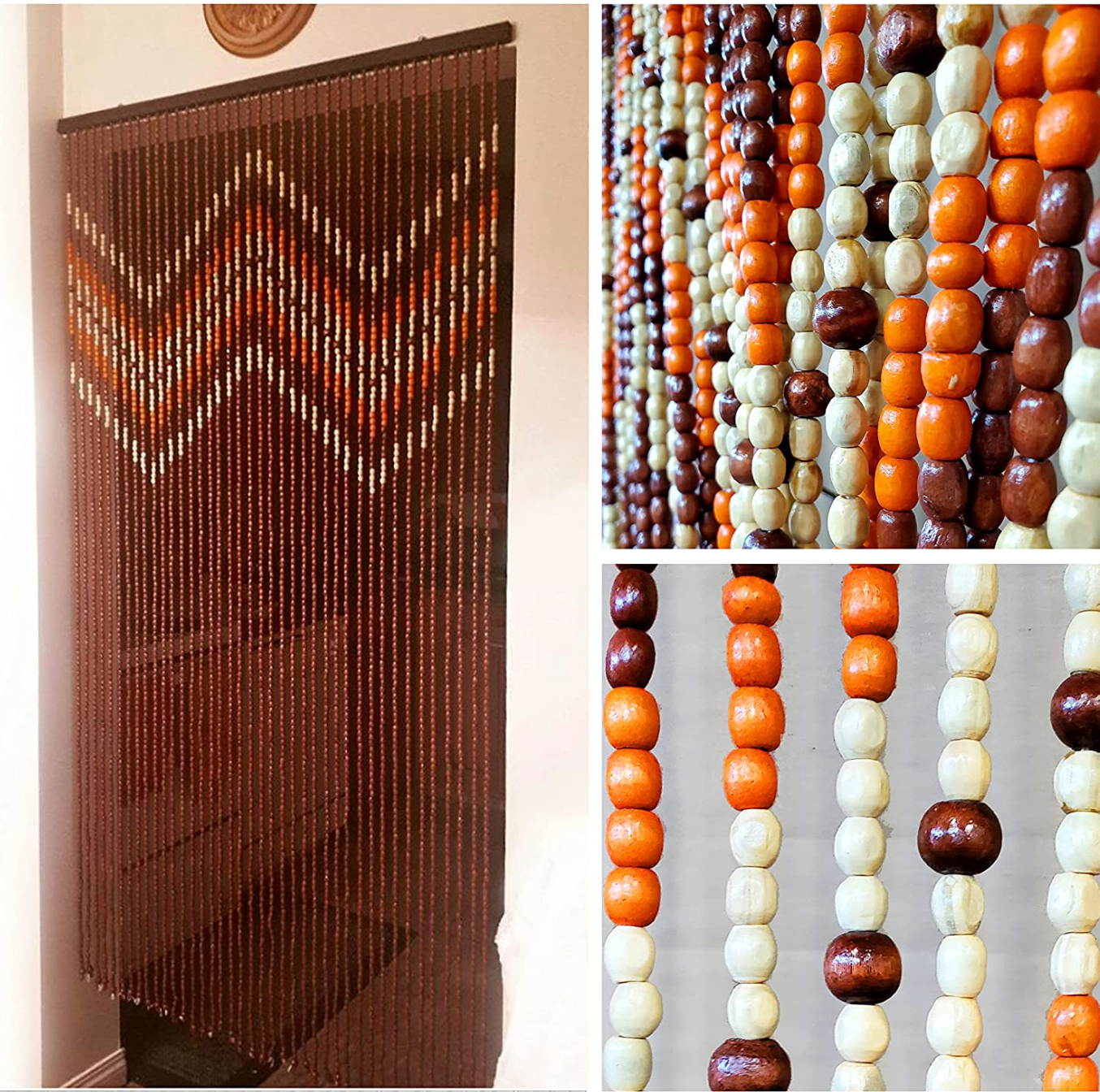 Wood and Bamboo Beaded Curtain 35.5" wide X 70" high - 40 Strands-Provence